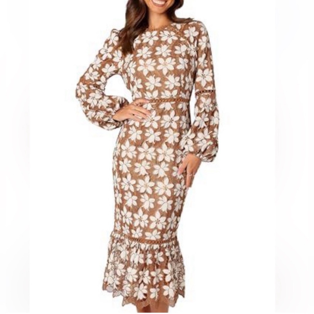 Petal & Pup Pierre Long Sleeve Mocha Brown Floral Midi Maxi Dress small